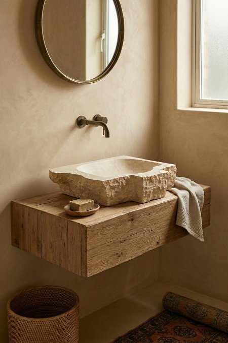 حوض مغسلة حجر طبيعي مستطيل بواجهة خام